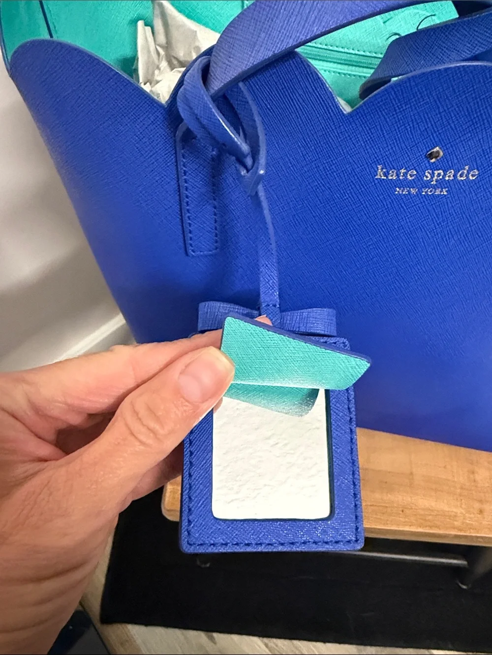 kate spade cobalt blue tote with teal scalloped trim